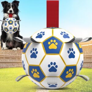 qdan dog toys soccer ball with straps - durable dog balls for small medium dogs, outdoor dog toys, summer dog water toy, herding ball, puppy dog birthday gifts white (6 inch)