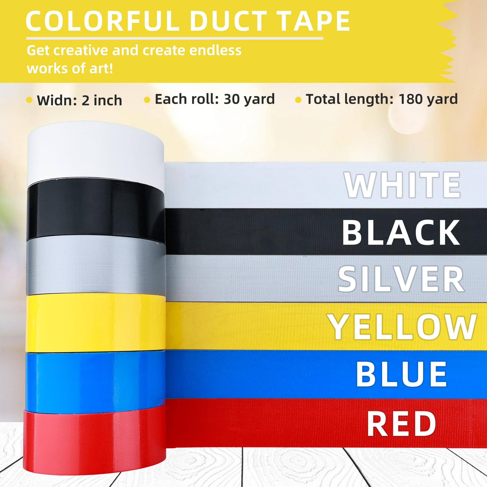 Colored Duct Tape 10.2 mils Heavy Duty, 1.88 Inch Wide x 90ft Per Rolls, Total 540ft (180 Yard), Black White Silver Yellow Red Blue, Indoor & Outdoor Use, No Residue, Tear by Hand (1.88in x 30 Yards)