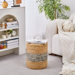 Ottoman Foot Rest Stool Round Natural Seagrass Foot Stool Hand-Woven Boho Pouf Ottomans Home Decor Footstool Extra Seating for Living Room Bedroom Entryway Grey