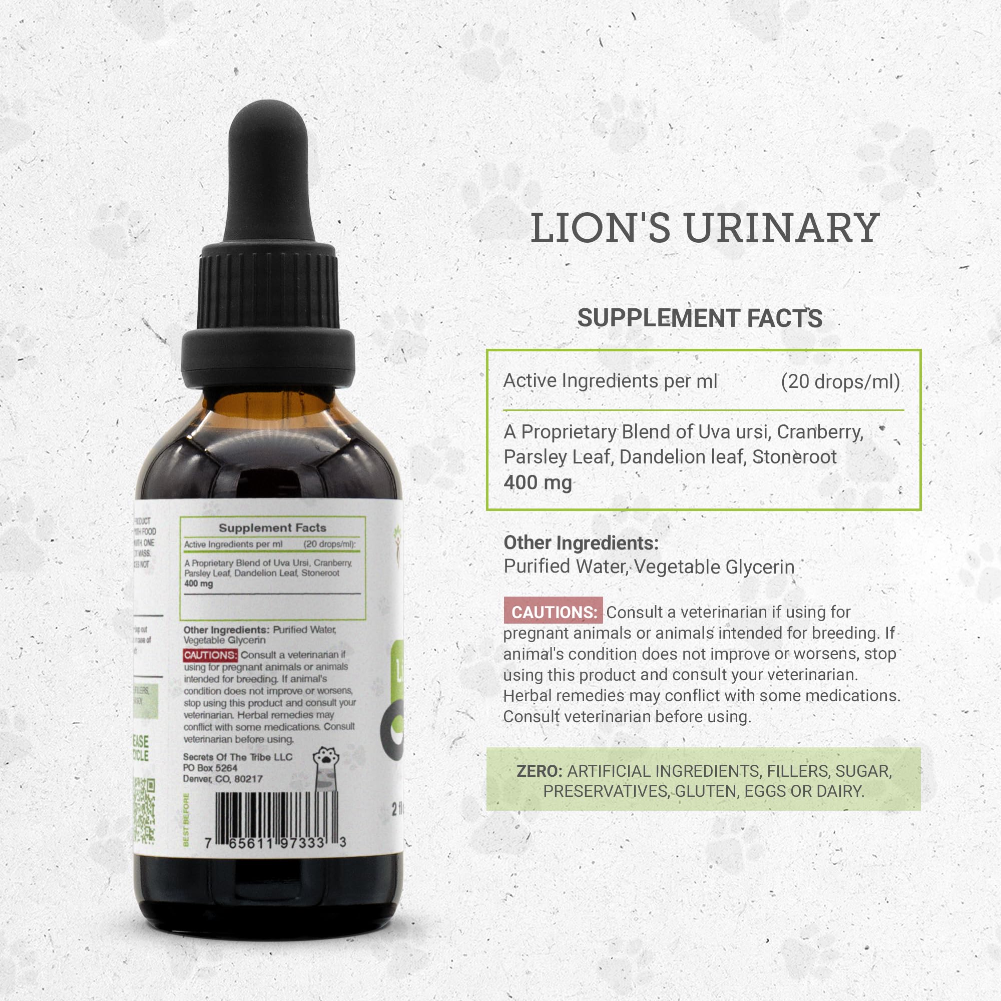 Lion's Urinary | Natural Herbal Dietary Supplement for Cats | Healthy Urinary System Support in Cats | Alcohol-Free Extract, Uva Ursi, Cranberry, Parsley Leaf, Dandelion Leaf, Stone Root 2 oz