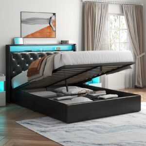 Loomie Queen Lift Up Bed Frame with Charging Station&LED Lights,Leather Upholstered Bed with Button Tufted Wingback Storage Headboard,Hydraulic Storage, No Box Spring Needed,Wood Slats Support (Black)