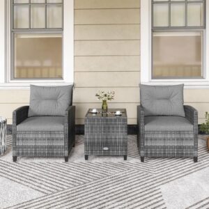 KOTEK 3 Piece Patio Furniture Set, Outdoor PE Rattan Conversation Set with Washable Cushions & Tempered Glass Tabletop, Wicker Chairs and Table Set for Porch, Garden, Balcony (Grey)