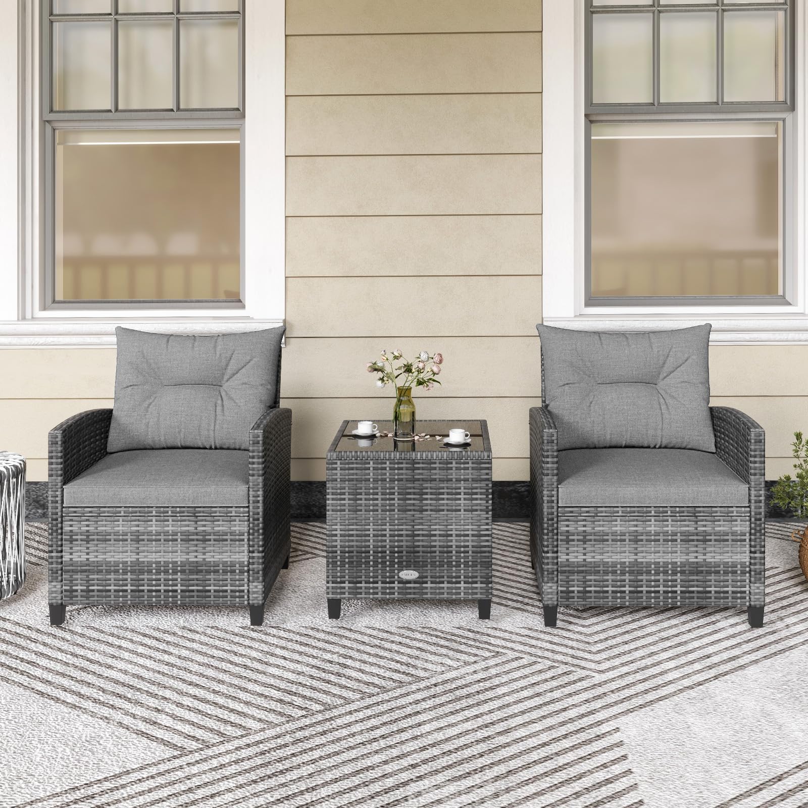 KOTEK 3 Piece Patio Furniture Set, Outdoor PE Rattan Conversation Set with Washable Cushions & Tempered Glass Tabletop, Wicker Chairs and Table Set for Porch, Garden, Balcony (Grey)