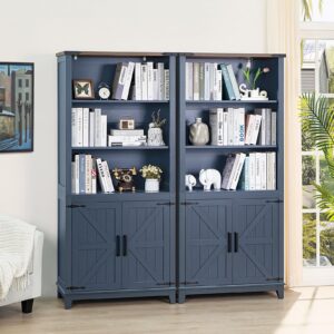 Joaxswe 70in Tall Bookshelf 5 Tier Bookcase with Barn Doors and Adjustable Shelves, Blue Farmhouse Book Shelf with Storage Cabinet, Wood Freestanding Display Bookshelves for Bedroom, Living Room