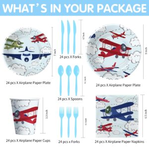 Suhelkit Airplane Party Decorations Tableware Boy - Disposable Airplane Birthday Party Supplies, Plate, Napkin, Cup, Cutlery, Aviation Theme Airplane Birthday Baby Shower Table Decorations | 24 Guests