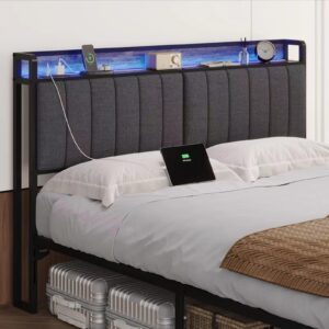 california king size upholstered headboard with led lights & charging station, usb & type c port, linen upholstery, cal king headboard only, height adjustable attach frame sturdy and stable