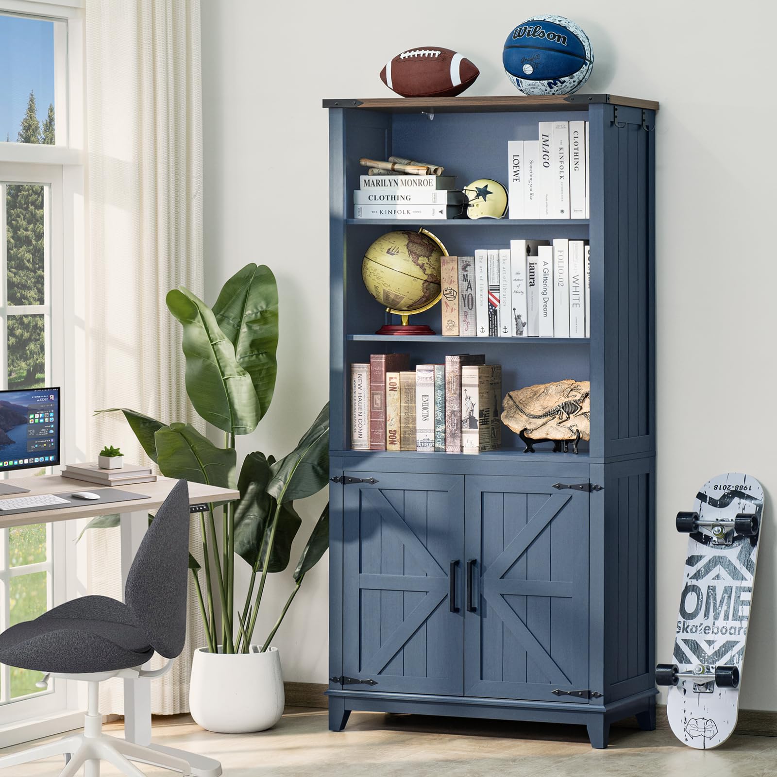 Joaxswe 70in Tall Bookshelf 5 Tier Bookcase with Barn Doors and Adjustable Shelves, Blue Farmhouse Book Shelf with Storage Cabinet, Wood Freestanding Display Bookshelves for Bedroom, Living Room