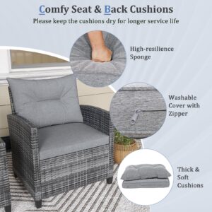 KOTEK 3 Piece Patio Furniture Set, Outdoor PE Rattan Conversation Set with Washable Cushions & Tempered Glass Tabletop, Wicker Chairs and Table Set for Porch, Garden, Balcony (Grey)