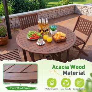 Greesum 5 Piece Patio Dining Set Outdoor Acacia Wood Furniture All-Weather Folding Round Table and Chairs for Backyard,Balcony,Porch,Deck,Garden, Dark Brown