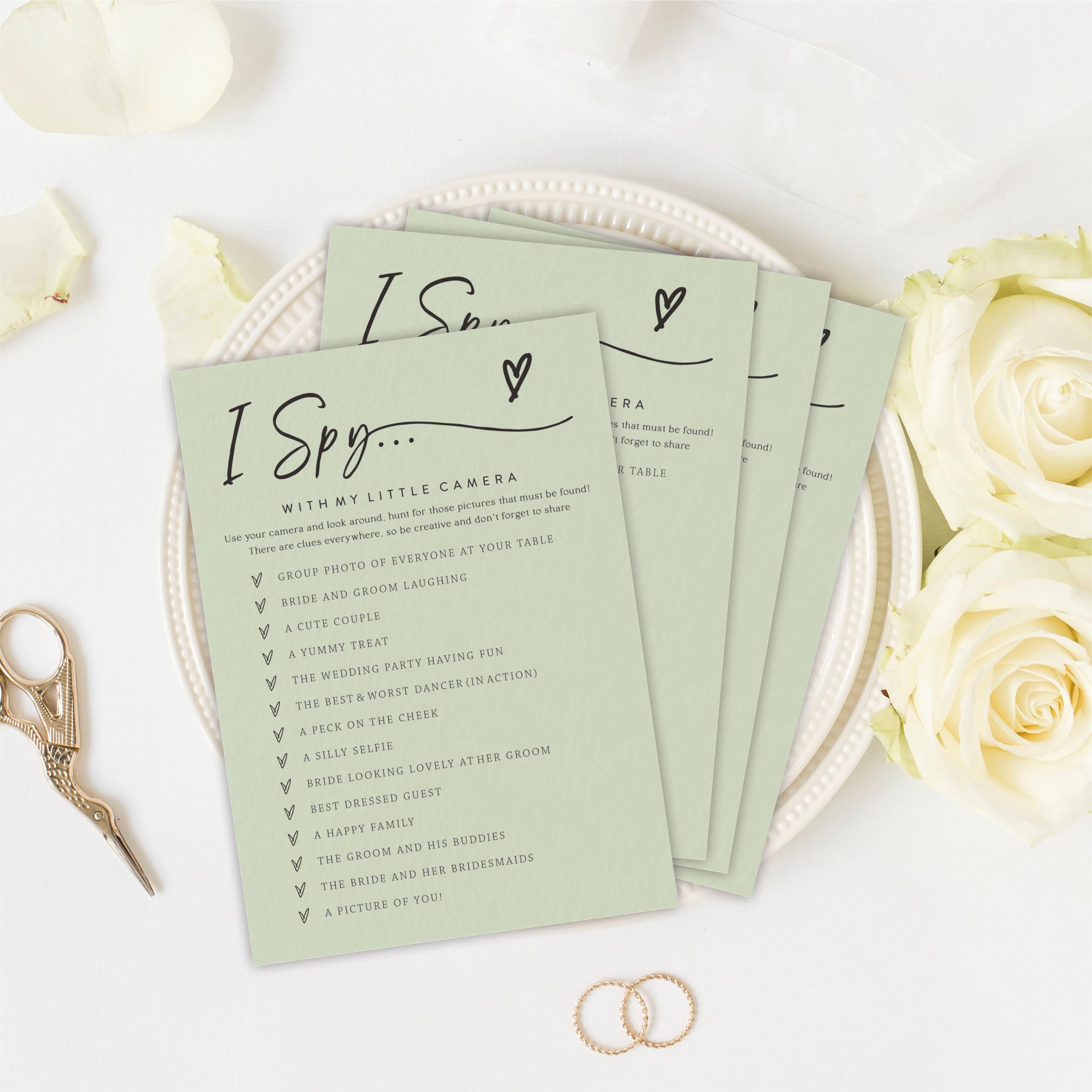 30 Pcs Bridal Shower Game Cards, I Spy With My Little Camera, Minimalism Fill In Style Game Cards For Mr & Mrs, Engagement Party, Wedding, Newlyweds Party Supplies(Green) - B02