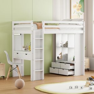 twin size loft bed with desk and led light, wood loft bed frame with storage shelves and drawers for adults kids boys girls, white