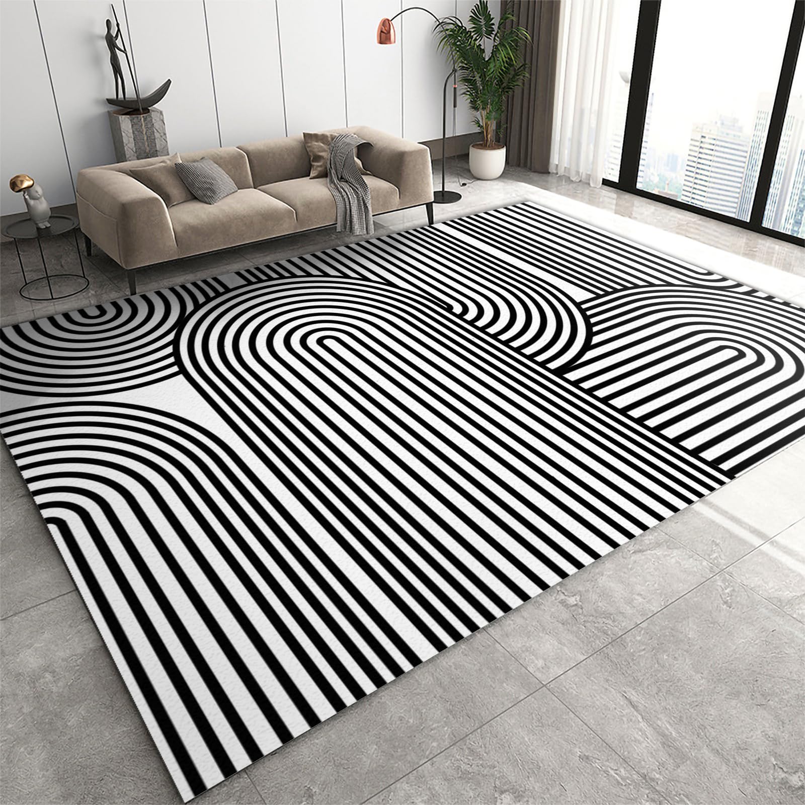 Fashion Mid-Century Geometric Art Non Slip Rugs, Simple Black and White Lines Arch Printed Area Rug, Low Pile Foldable Bedroom Mat for High Traffic Area Living Room Hallway Apartmen,5.3x6.6ft