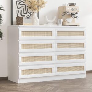 patikuin 8 drawer double dresser for bedroom, rattan chest of dressers, modern wooden dresser chest, beside table for closet, nursery, living room and entryway, white