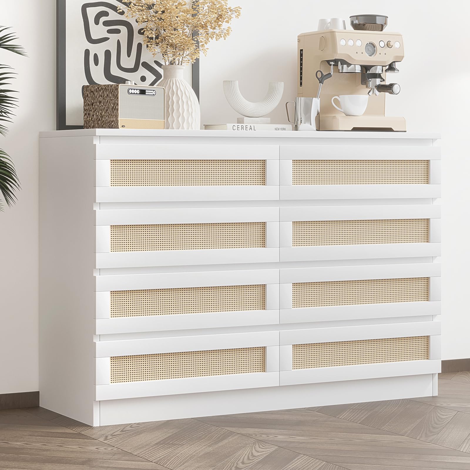 Patikuin 8 Drawer Double Dresser for Bedroom, Rattan Chest of Dressers, Modern Wooden Dresser Chest, Beside Table for Closet, Nursery, Living Room and Entryway, White