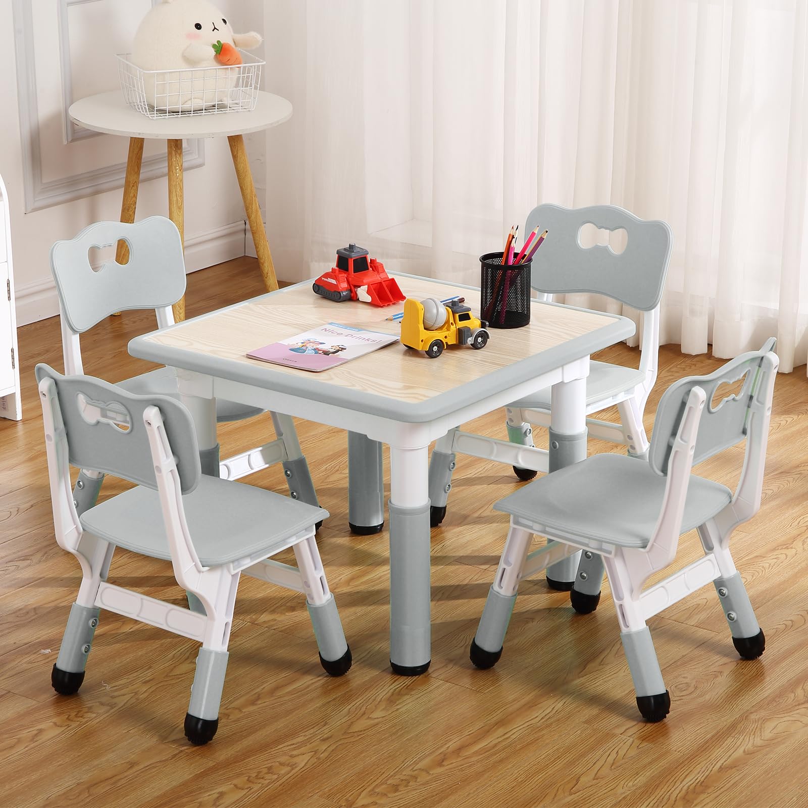 PULLAFUN Kids Table and Chairs Set, Graffiti Desktop Plastic Children Art Table with Seat, Height Adjustable Toddler Table and Chair Set for Kids Ages 3-10