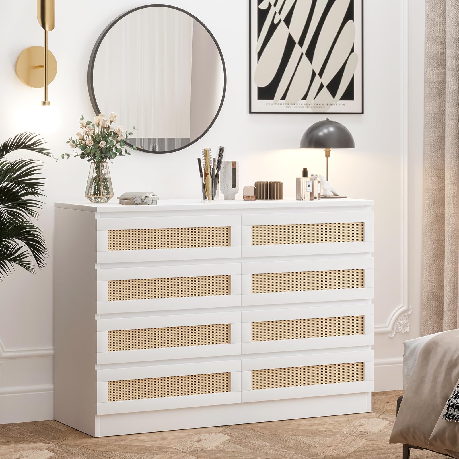 Patikuin 8 Drawer Double Dresser for Bedroom, Rattan Chest of Dressers, Modern Wooden Dresser Chest, Beside Table for Closet, Nursery, Living Room and Entryway, White