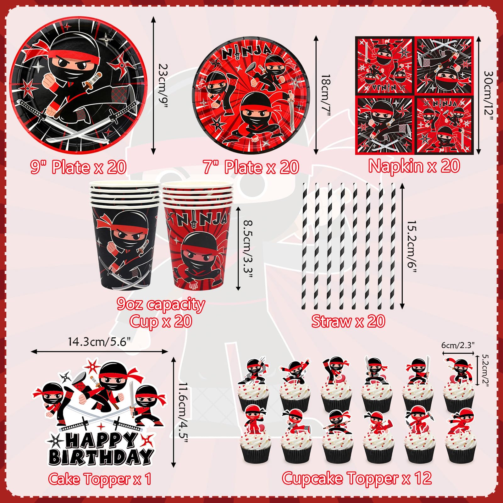 Ninja Birthday Party Decoration - Include Pattern Banner, Tablecloth, Plates, Napkins, Tableware, Karate Party Ninja Warrior Master Party Supplies for Boys Girls Baby Shower, Serves 20