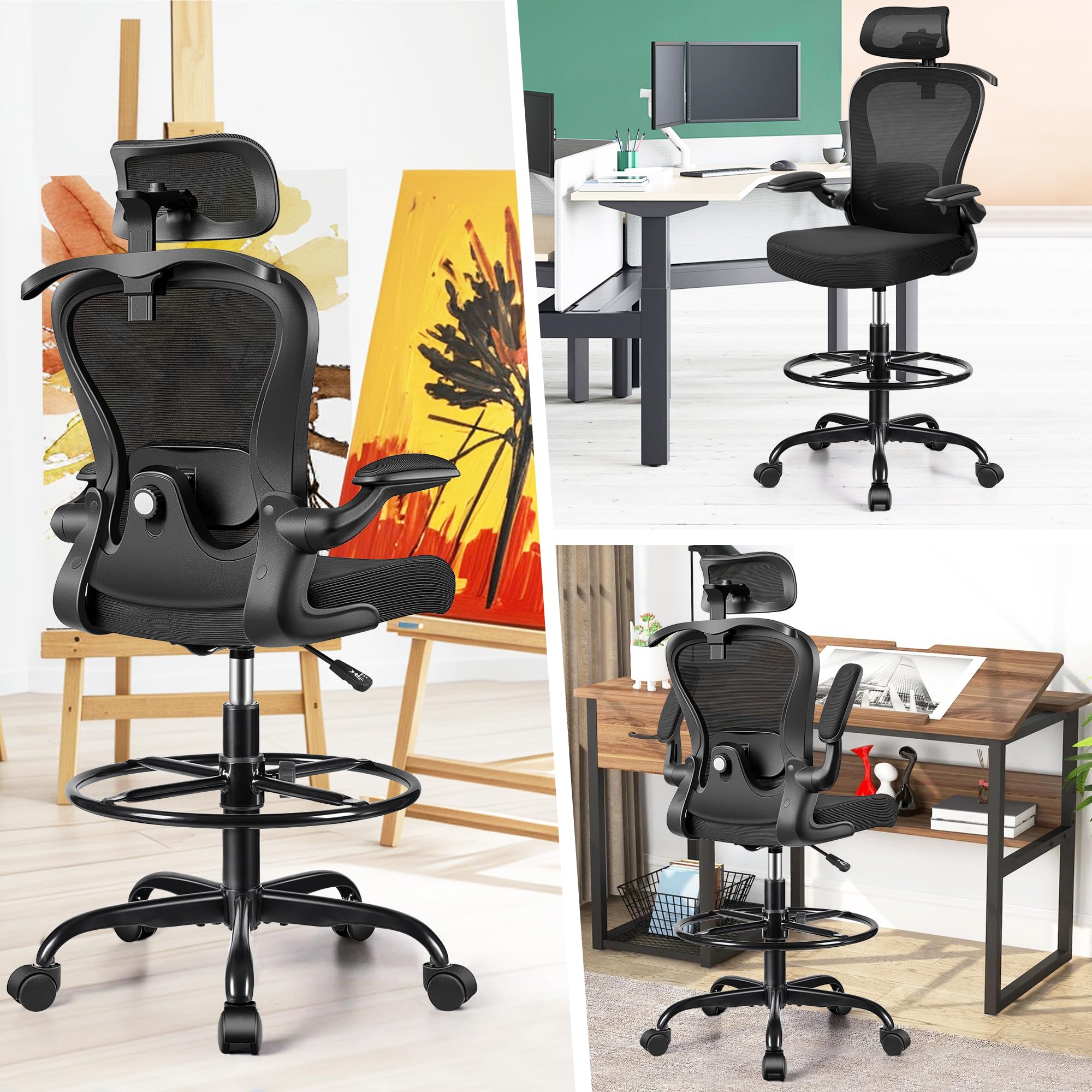 AtHope Drafting Chair, Tall Office Chair with 3D Lumbar & Head Support, Ergonomic Mesh Standing Desk Chair with Footring, Comfy Extended High Desk Chair with Flip-Up Arms & Hanger (Black)