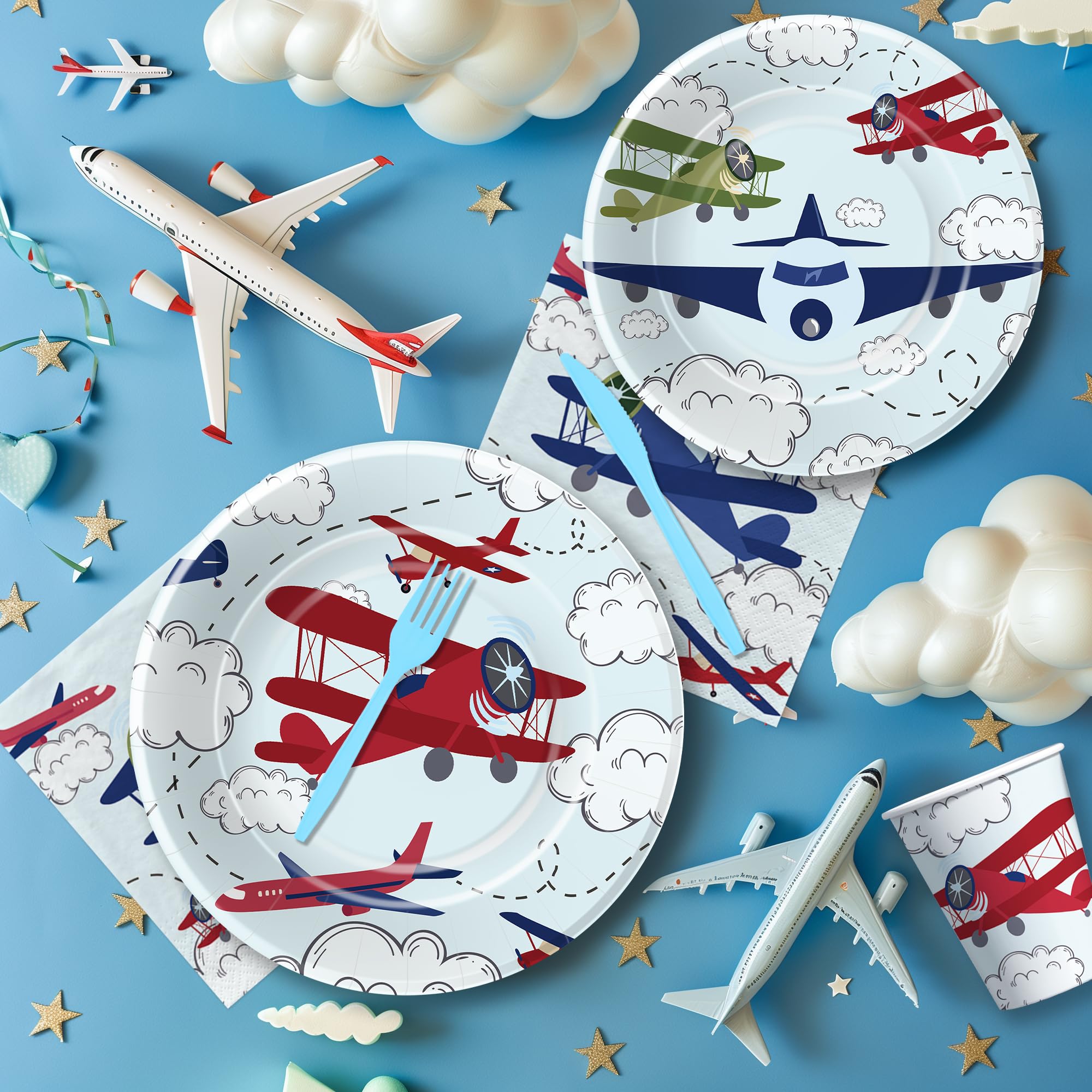 Suhelkit Airplane Party Decorations Tableware Boy - Disposable Airplane Birthday Party Supplies, Plate, Napkin, Cup, Cutlery, Aviation Theme Airplane Birthday Baby Shower Table Decorations | 24 Guests