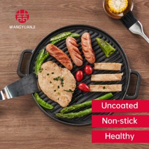 WANGYUANJI Cast Iron Grill Pan,11.8inch Round Cast Iron Skillets with Dual Handles for Barbecue,Suitable for All Stoves with Spatula and Brush