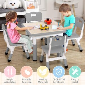 PULLAFUN Kids Table and Chairs Set, Graffiti Desktop Plastic Children Art Table with Seat, Height Adjustable Toddler Table and Chair Set for Kids Ages 3-10