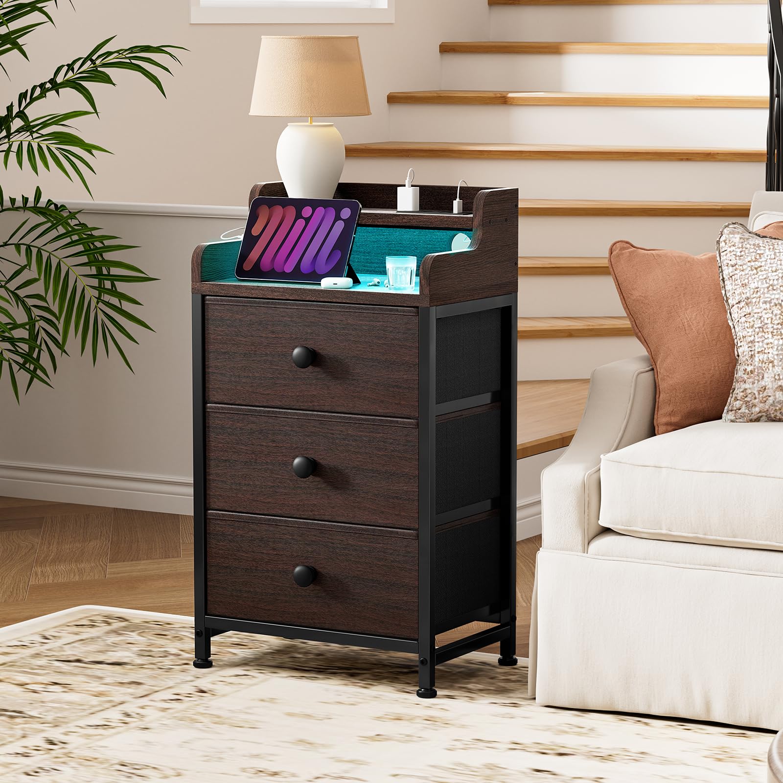 REAHOME Nightstand with Charging Station and LED Light, Tall Brown Night Stand with 3 Drawers and 2-Tier Shelf, Bedside Table with Sturdy Steel Frame Wood Top for Bedroom, Living Room - Brown