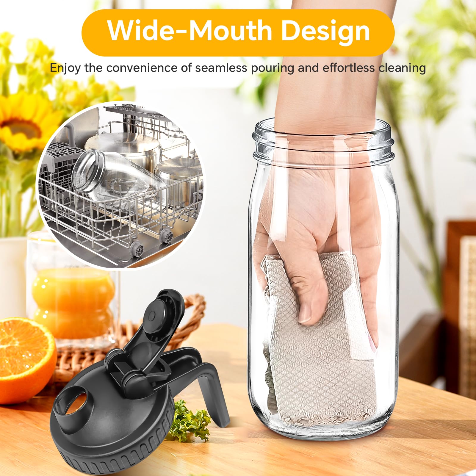 Mason Jar Pitcher, 32 OZ Glass Pitcher with Lid Double Leak-proof with Handle Water Jug Wide Mouth Breast Milk Pitcher Fridge Container for Water, Juice, Iced Coffee, Tea, Juice - Black