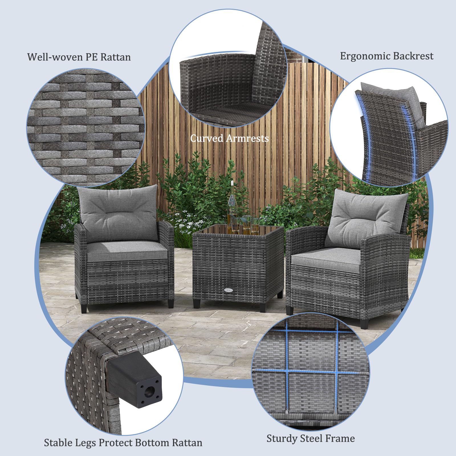 KOTEK 3 Piece Patio Furniture Set, Outdoor PE Rattan Conversation Set with Washable Cushions & Tempered Glass Tabletop, Wicker Chairs and Table Set for Porch, Garden, Balcony (Grey)