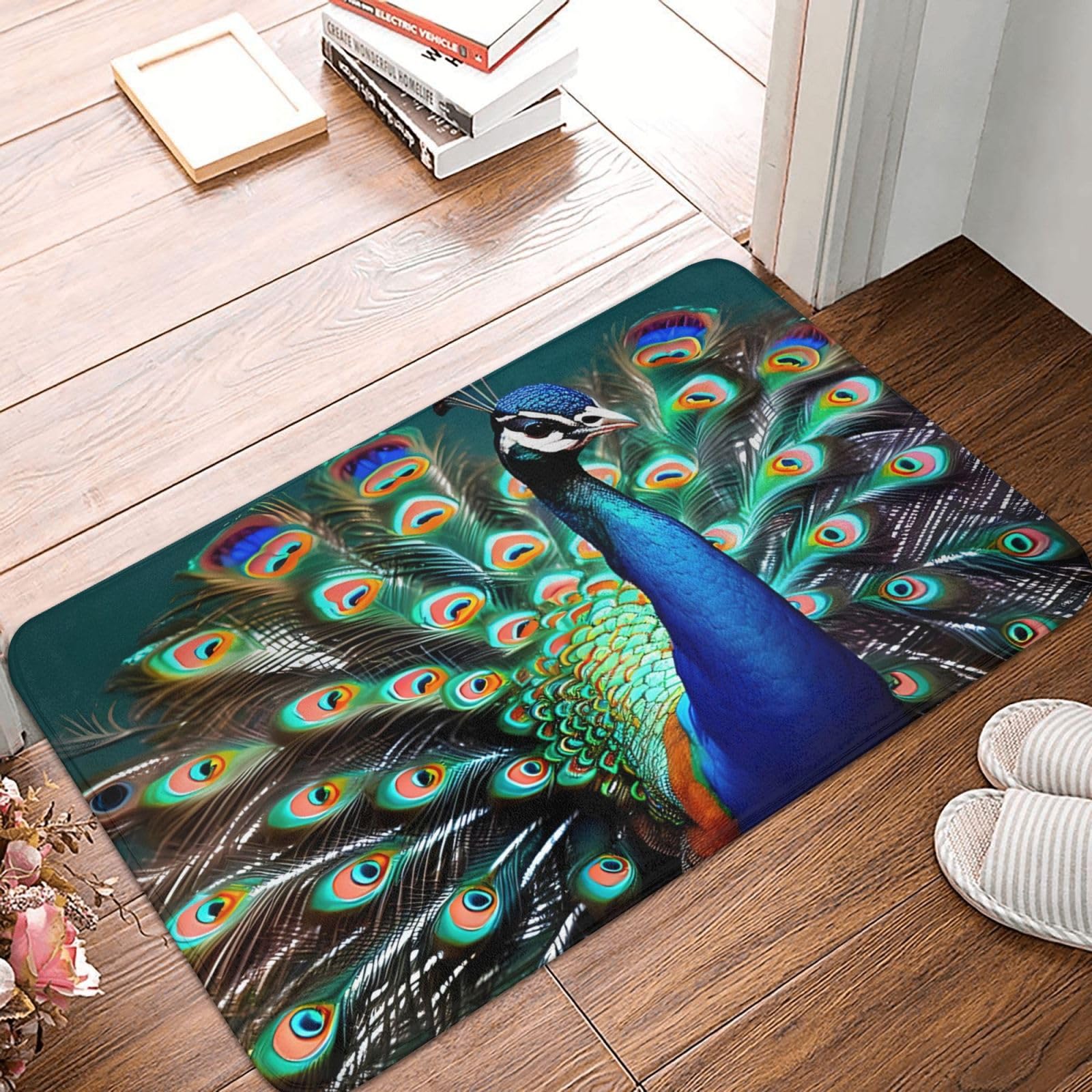 FRESQA Beautiful Peacock Print All-Season Indoor Outdoor Doormat,Multi-Functional and Stylish Home Decor