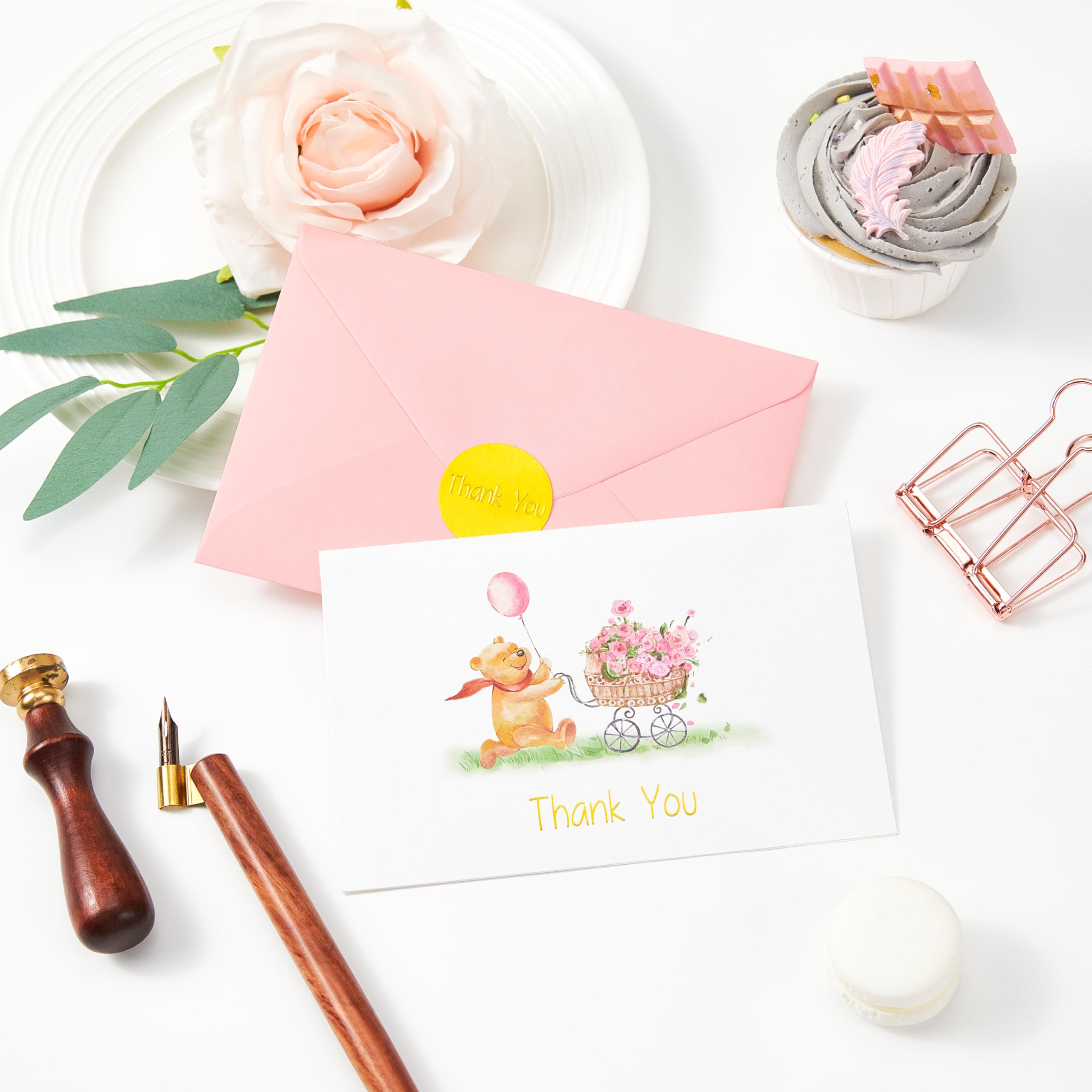 Crisky Baby Shower Girl Thank You Cards with Envelopes 50 Pack Pink Baby Shower Greeting Notes Bulk (Cute Bear with Baby Carriage)