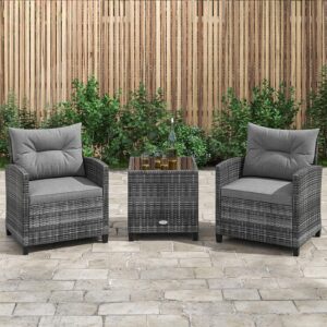 KOTEK 3 Piece Patio Furniture Set, Outdoor PE Rattan Conversation Set with Washable Cushions & Tempered Glass Tabletop, Wicker Chairs and Table Set for Porch, Garden, Balcony (Grey)