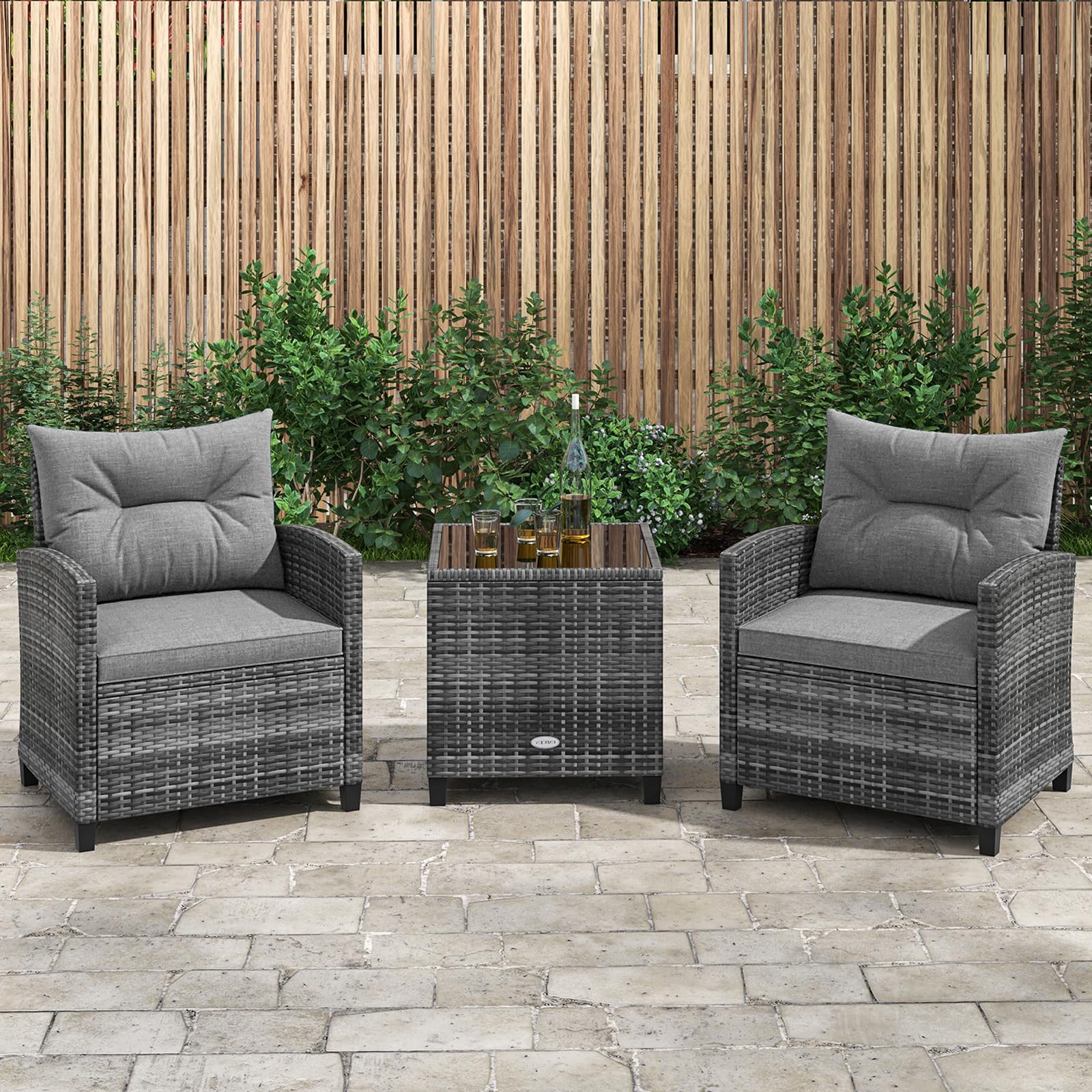 KOTEK 3 Piece Patio Furniture Set, Outdoor PE Rattan Conversation Set with Washable Cushions & Tempered Glass Tabletop, Wicker Chairs and Table Set for Porch, Garden, Balcony (Grey)