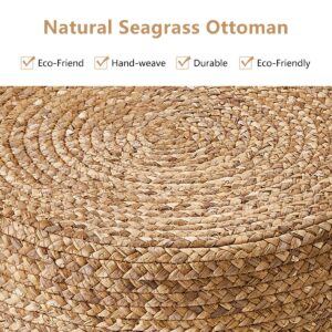 Ottoman Foot Rest Stool Round Natural Seagrass Foot Stool Hand-Woven Boho Pouf Ottomans Home Decor Footstool Extra Seating for Living Room Bedroom Entryway Grey