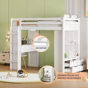 Twin Size Loft Bed with Desk and LED Light, Wood Loft Bed Frame with Storage Shelves and Drawers for Adults Kids Boys Girls, White