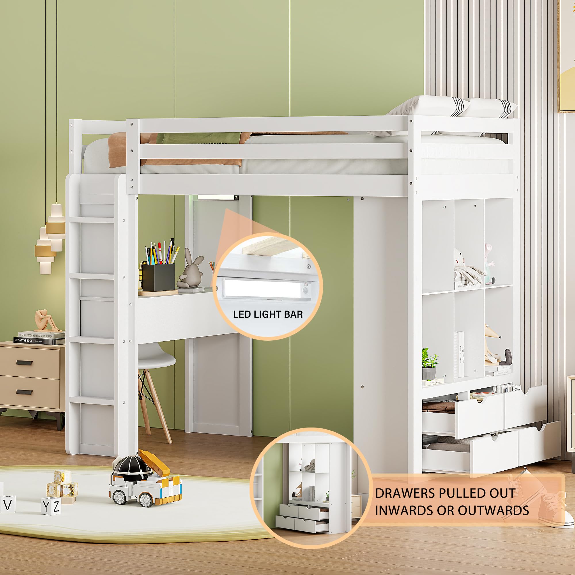 Twin Size Loft Bed with Desk and LED Light, Wood Loft Bed Frame with Storage Shelves and Drawers for Adults Kids Boys Girls, White