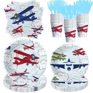 suhelkit airplane party decorations tableware boy - disposable airplane birthday party supplies, plate, napkin, cup, cutlery, aviation theme airplane birthday baby shower table decorations | 24 guests