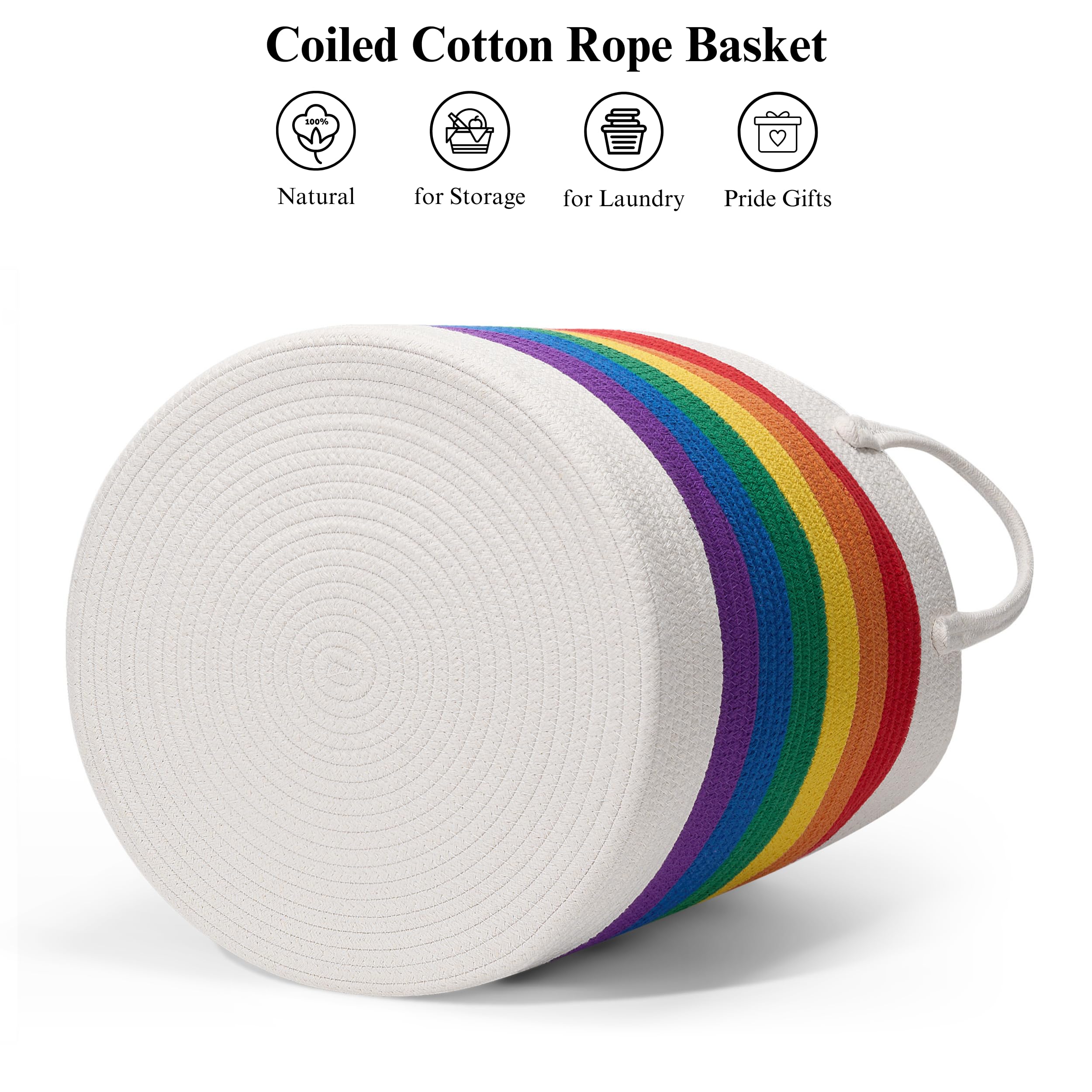 LOILAM Cotton Rope Basket, Rainbow Pride Blanket Basket, Toy Storage Basket, Woven Laundry Baskets with Handles