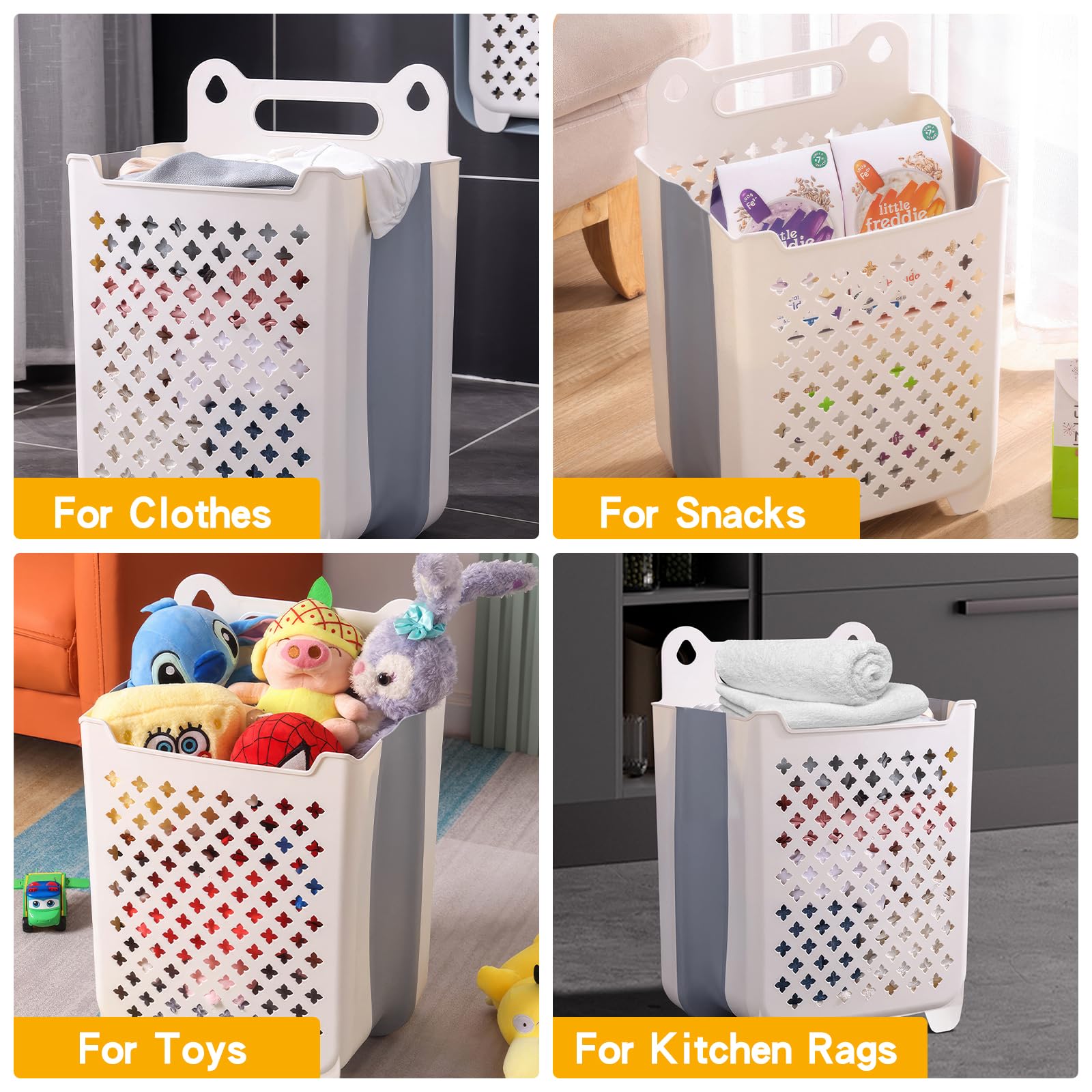 HEDUGO Plastic Collapsible Laundry Basket Handled Space Saving Clothes Hamper 44L Foldable Wall-Mounted Storage Container for Snacks Toys Accessories in Bedroom,Living Room,Bathroom,Kitchen White