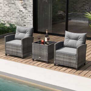 KOTEK 3 Piece Patio Furniture Set, Outdoor PE Rattan Conversation Set with Washable Cushions & Tempered Glass Tabletop, Wicker Chairs and Table Set for Porch, Garden, Balcony (Grey)