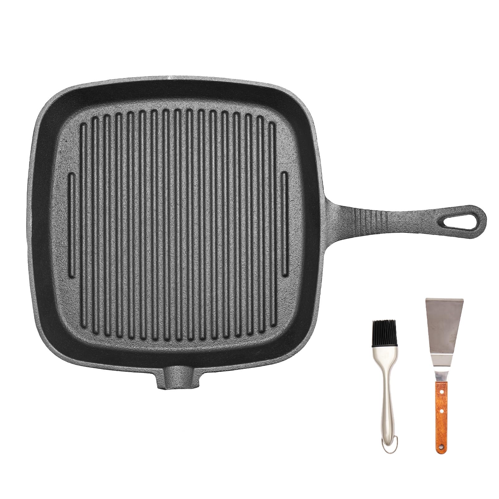 WANGYUANJI Cast Iron Grill Pan,Square Nonstick Grill Pan with Spatula and Brush,9Inch Barbecue Pan for Grill,Stove,Oven and Campfire