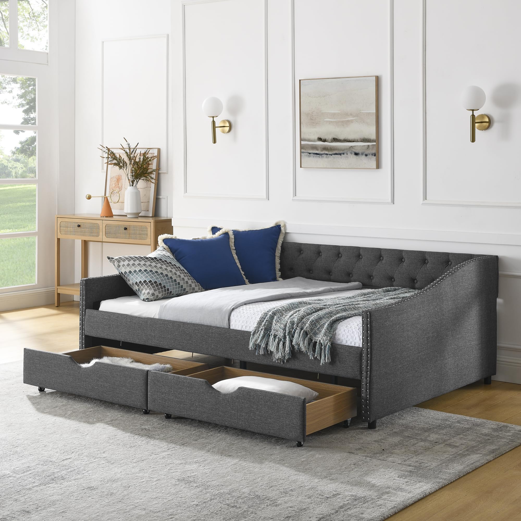 Linuque Upholstered Full Size Daybed with 2 Storage Drawers, Solid Wood Sofa Bed Frame with Button Tufted Backrest and Waved Shape Armrests with Copper Nail, Dark Grey