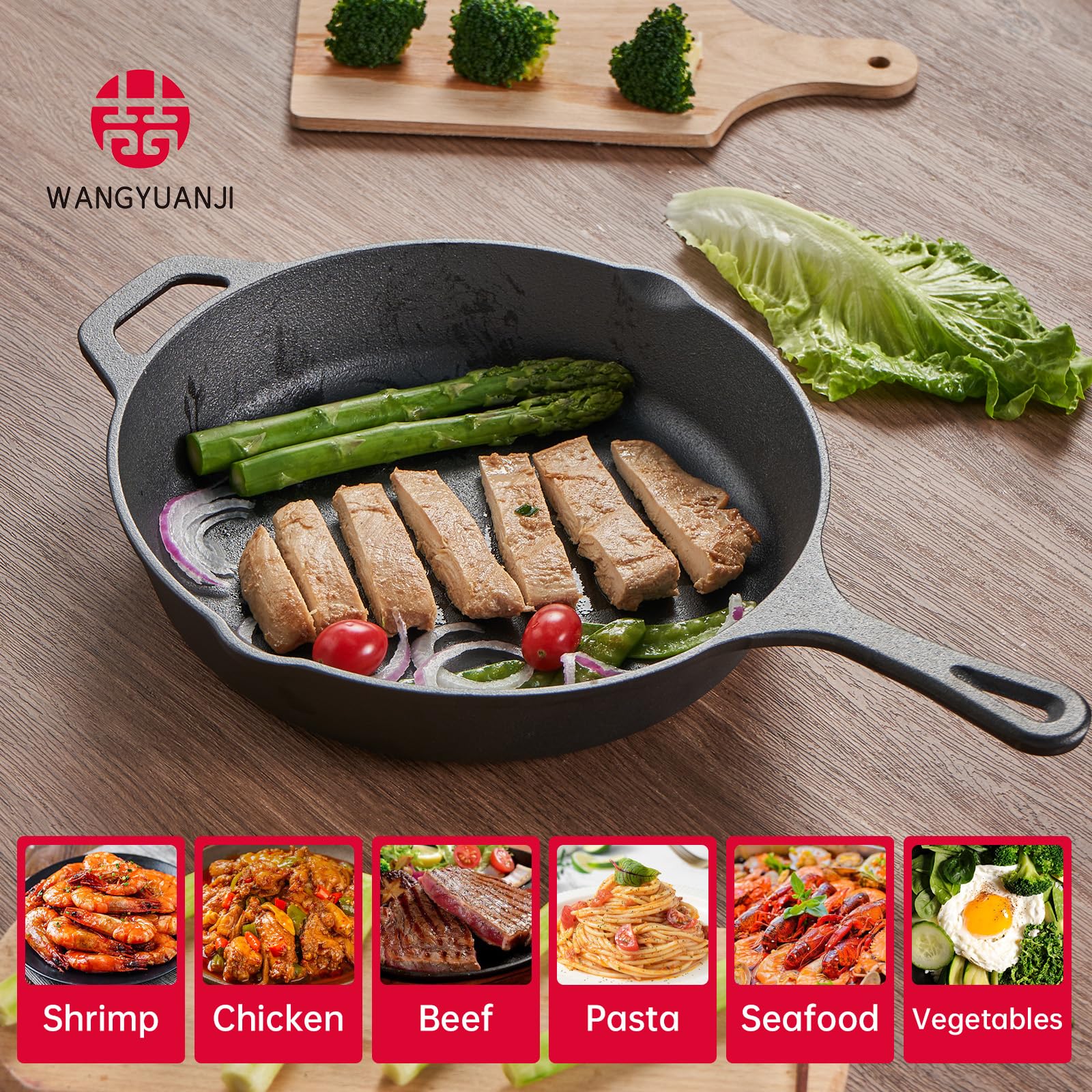 WANGYUANJI Cast Iron Grill Pan,10Inch Non-coating Frying Pan,Multi-Functional Pan for Bake,Fry,Stir-Fry,Sauté,Suitable for Outdoors with Oil Brush and Spatula