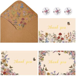 crisky thank you cards 3 assortment, watercolor vintage wildflowers & butterfiles (50 cards with envelopes for birthday, baby shower, bridal shower, wedding, all occasion)