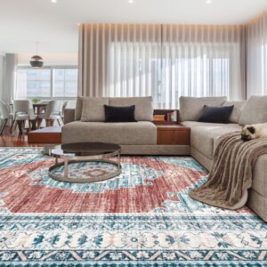 Boho Area Rug 8x10 Large Rug: Washable Non-Slip Rugs Chenille Print Rug Soft Low-Pile Indoor Vintage Carpet for Living Room Bedroom Dining Table Kitchen Home Office(BeigeBrown, 8'x10')