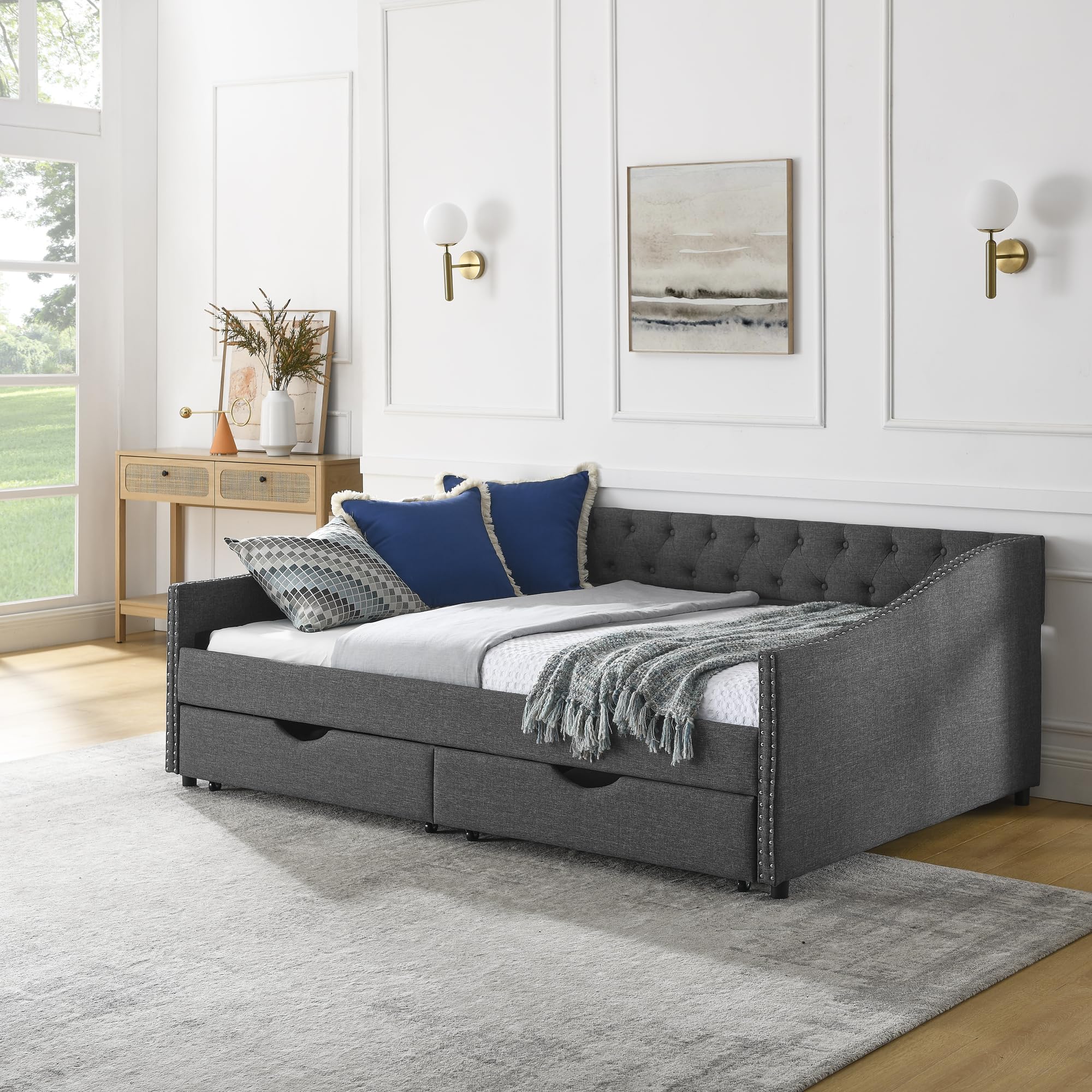 Linuque Upholstered Full Size Daybed with 2 Storage Drawers, Solid Wood Sofa Bed Frame with Button Tufted Backrest and Waved Shape Armrests with Copper Nail, Dark Grey