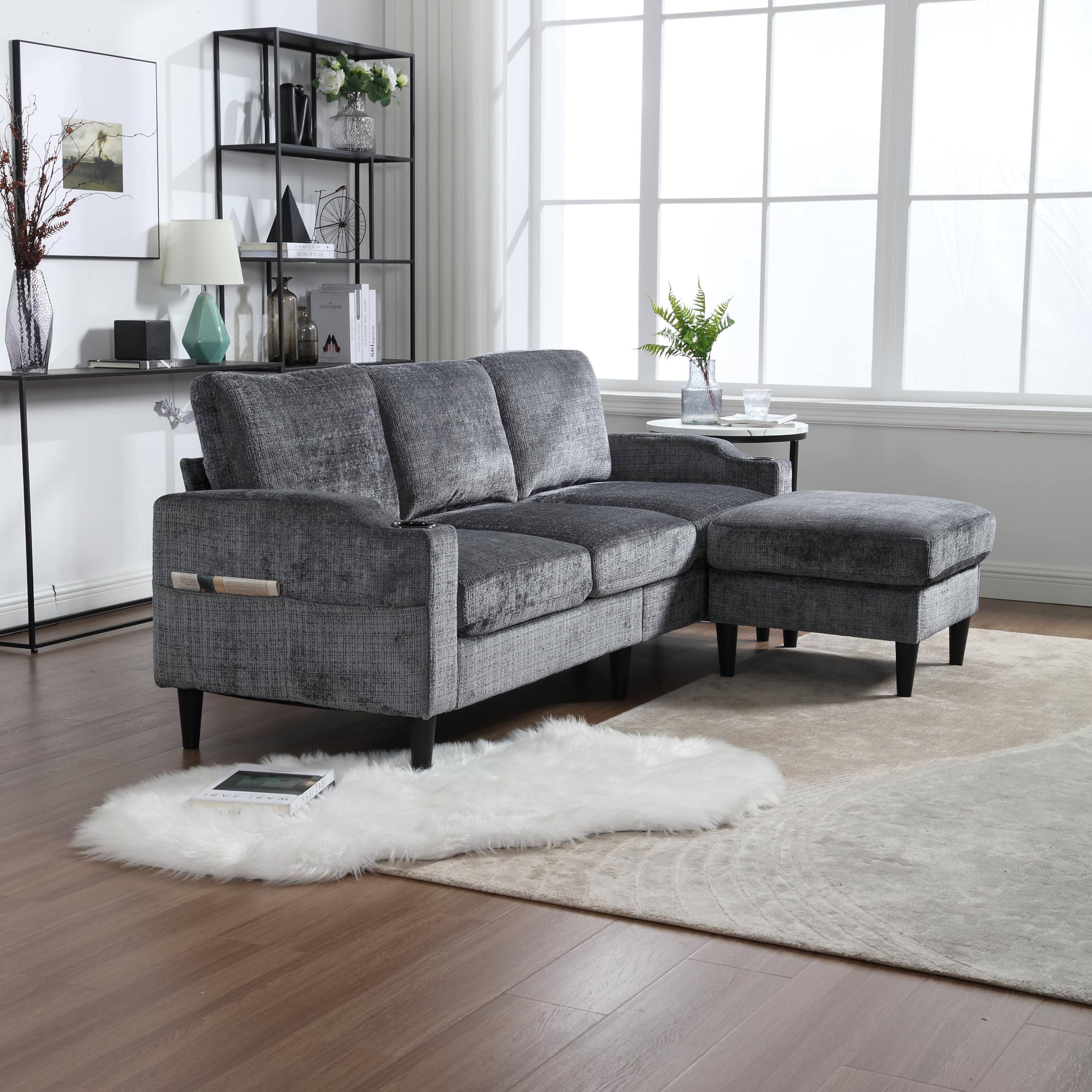 77'' Convertible Sectional Sofa Couch, L Shaped Couch 3 Seat Sofa Sectional with Reversible Storage Ottoman Bench & Cup Holder, Couches for Living Room, Apartment, Office, Small Space, Grey