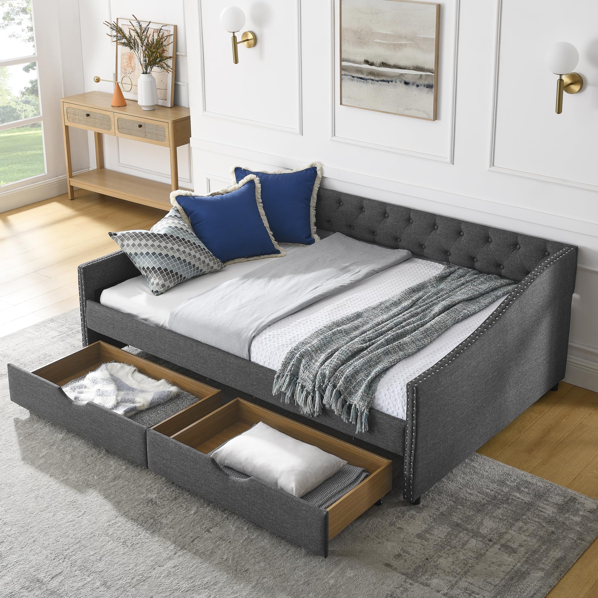 Linuque Upholstered Full Size Daybed with 2 Storage Drawers, Solid Wood Sofa Bed Frame with Button Tufted Backrest and Waved Shape Armrests with Copper Nail, Dark Grey