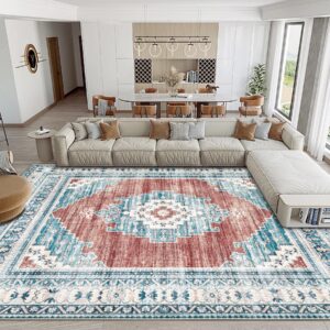 boho area rug 8x10 large rug: washable non-slip rugs chenille print rug soft low-pile indoor vintage carpet for living room bedroom dining table kitchen home office(beigebrown, 8'x10')