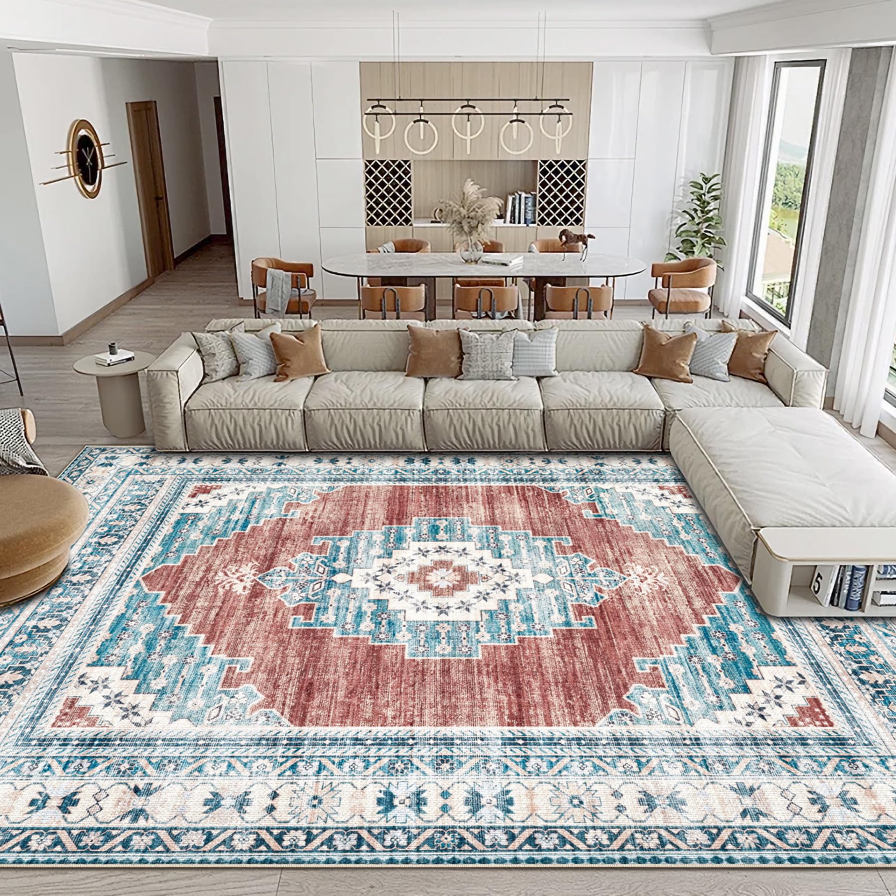 Boho Area Rug 8x10 Large Rug: Washable Non-Slip Rugs Chenille Print Rug Soft Low-Pile Indoor Vintage Carpet for Living Room Bedroom Dining Table Kitchen Home Office(BeigeBrown, 8'x10')