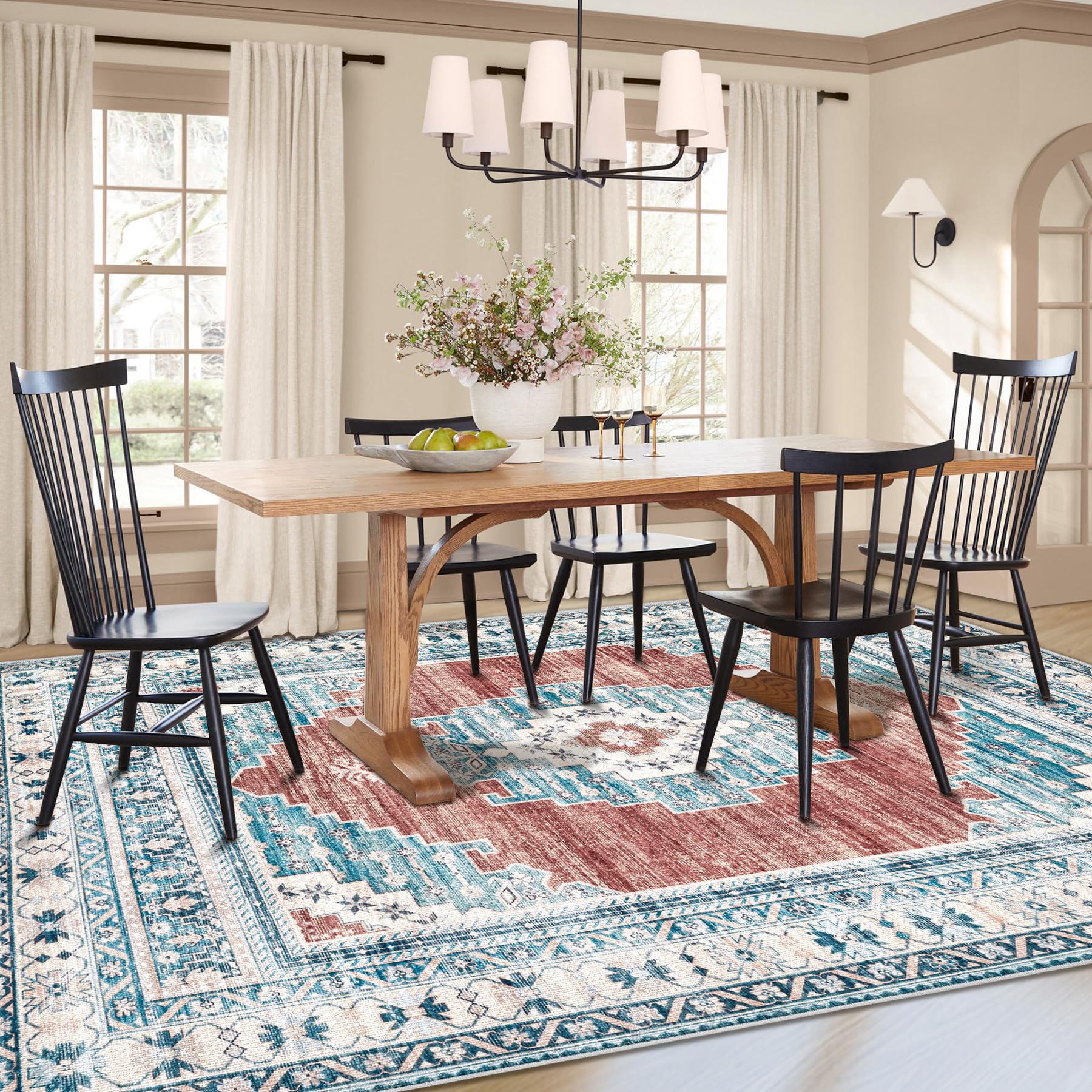 Boho Area Rug 8x10 Large Rug: Washable Non-Slip Rugs Chenille Print Rug Soft Low-Pile Indoor Vintage Carpet for Living Room Bedroom Dining Table Kitchen Home Office(BeigeBrown, 8'x10')